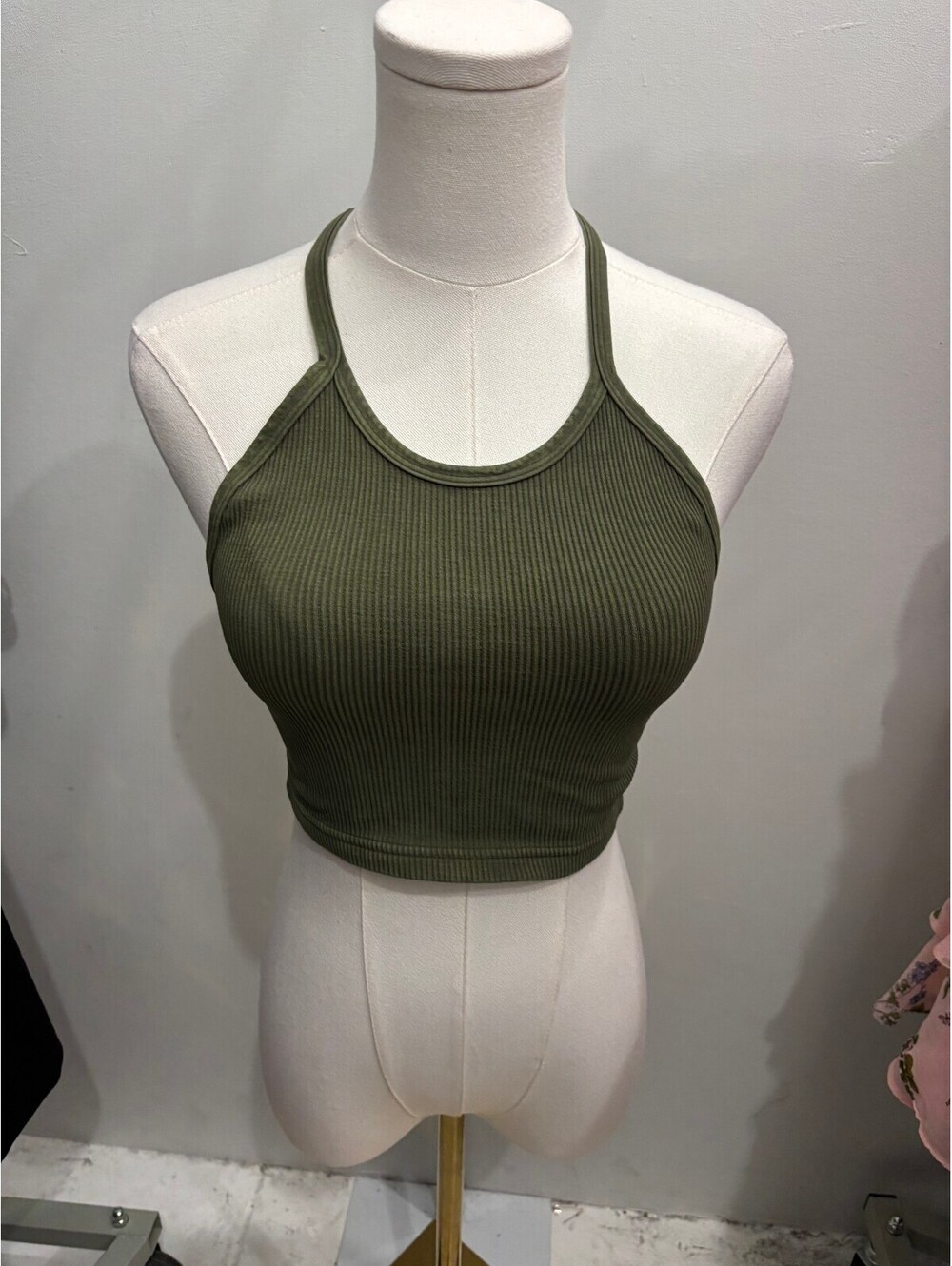 Ribbed Olive Green Crop Halter Top